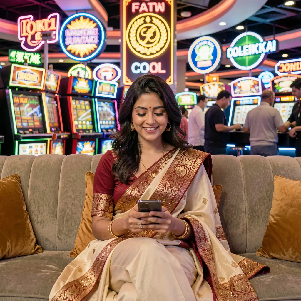 KASH7777 App – Enjoy smooth and immersive mobile casino play in Bangladesh Stylish Bangladeshi woman relaxing on a sofa while using the KASH7777 casino app with glowing neon casino icons behind her