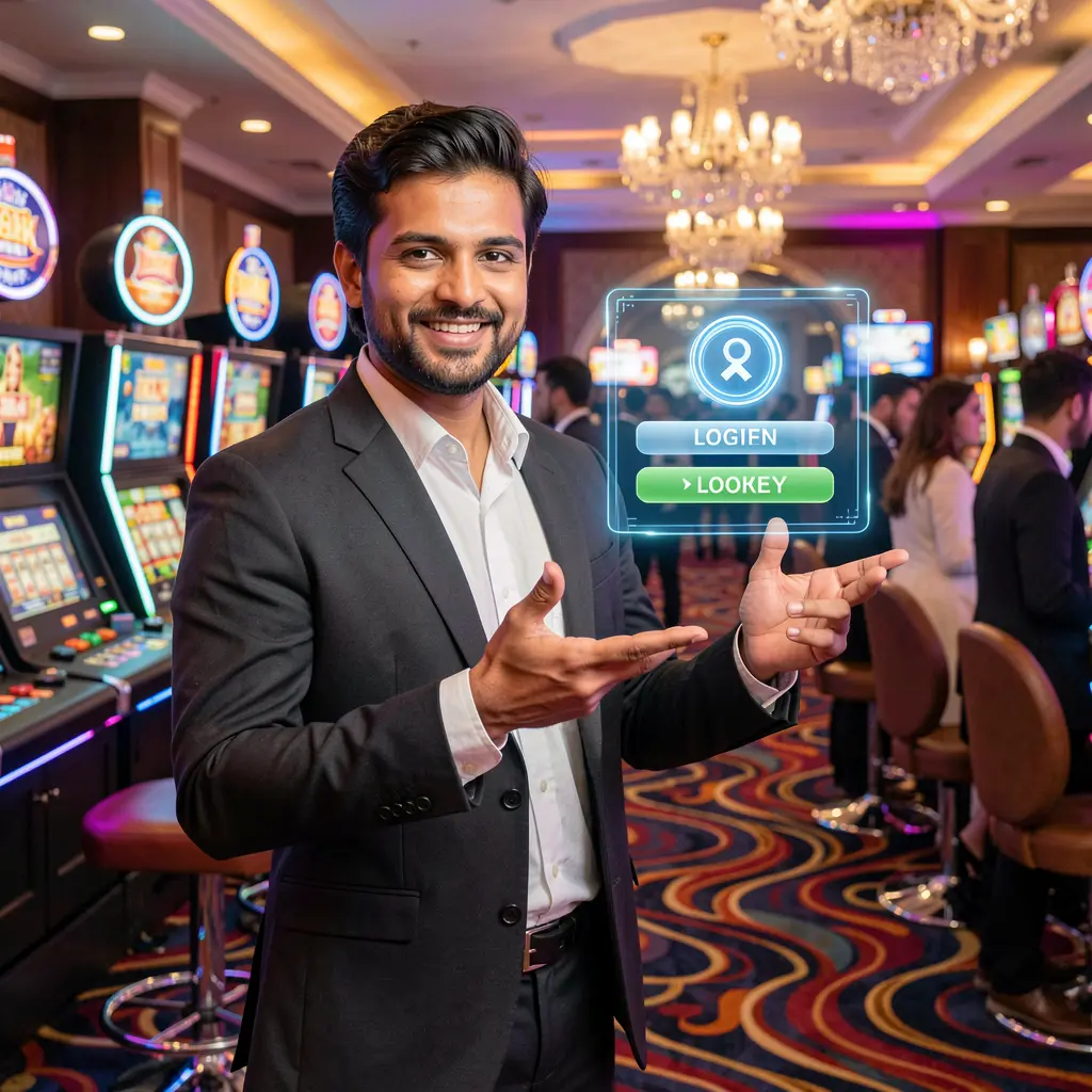 Confident Bangladeshi casino dealer reaching toward a glowing holographic login button in a vibrant casino setting at KASH7777