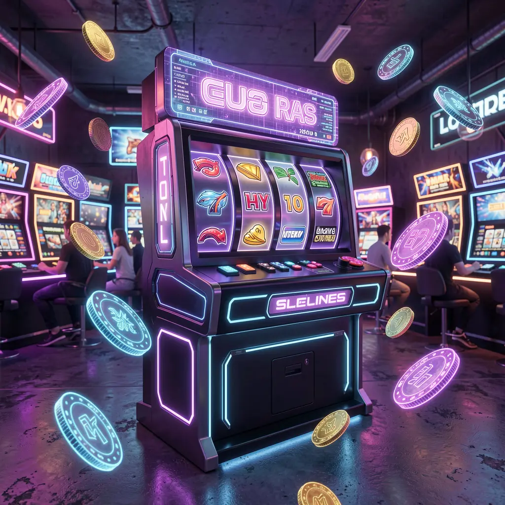 Stylish futuristic slot machine with colorful reels and glowing lights surrounded by digital coins highlighting the immersive slot experience at KASH7777